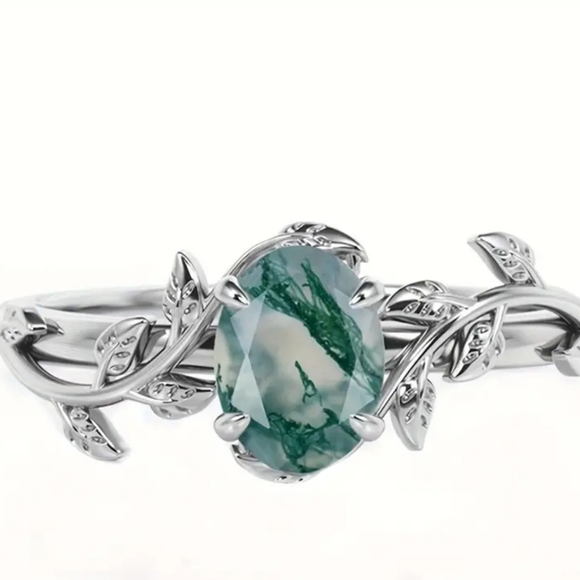 Elegant 925 Sterling Silver Ring Inlaid Green Color Moss Agate Elegant - Picture 2 of 8